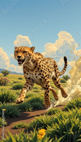 Obraz na płótnie Cheetah Running in Open Field Against a Beautiful Sky Background w salonie