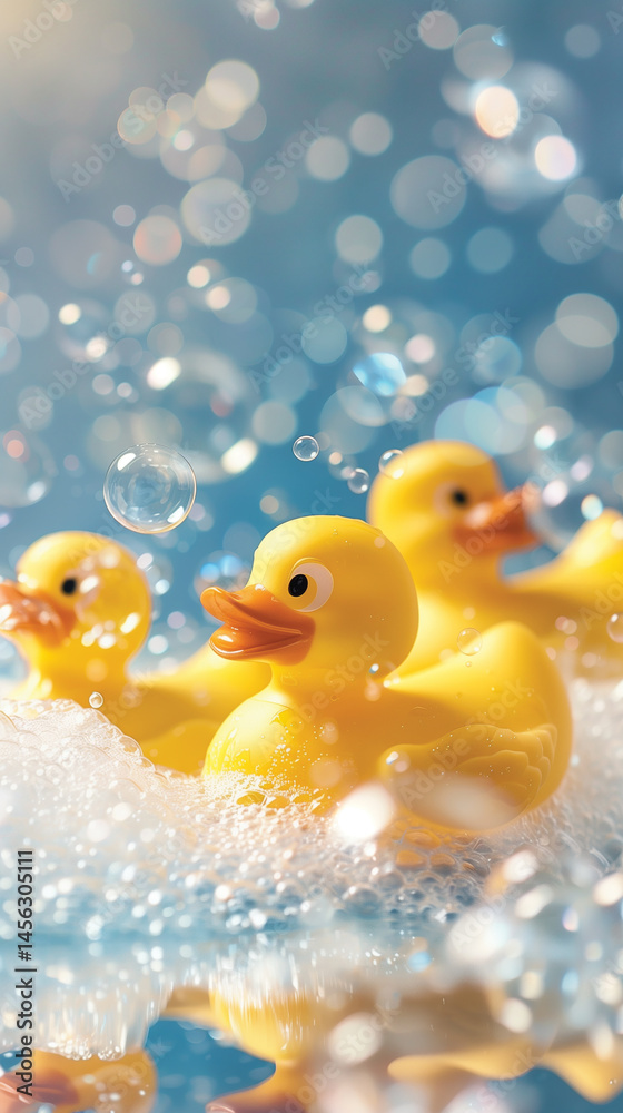 Yellow rubber ducks in water with soap bubbles Yellow rubber ducks in water with soap bubbles
