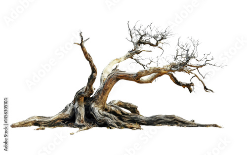 A dead tree with exposed roots, isolated with no background on white
