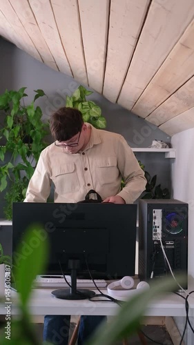 millennial man in stylish casual clothes packing his bag working in the office