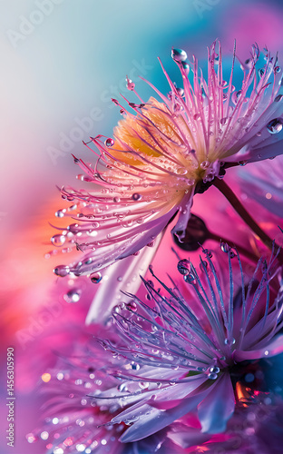Close-up of a vibrant flower, water droplets, pink and purple hues.
