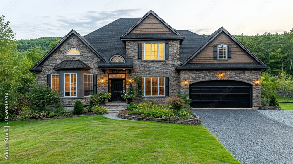 Exterior of a large, elegant home with stone facade, lit windows, and landscaping Exterior of a large, elegant home with stone facade, lit windows, and landscaping
