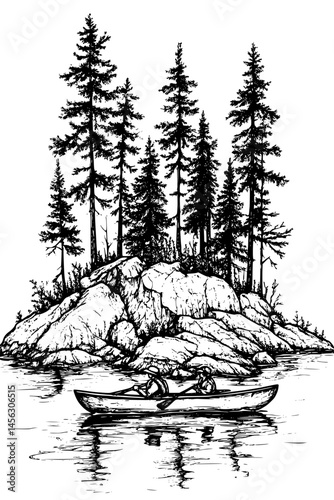 Paddlers Approaching Small Forested Island, coloring book design, vector illustration