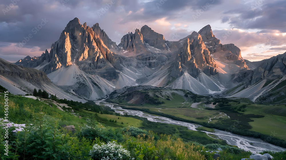 Obraz premium Majestic mountains, valley, and river.