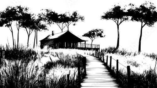 Path Leading To Glamping Cabin, vector illustration