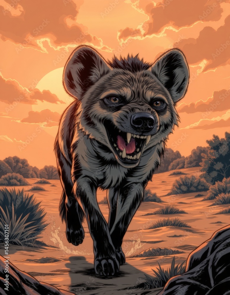 Sneaky Hyena Laughs at Sunset in Desert Landscape