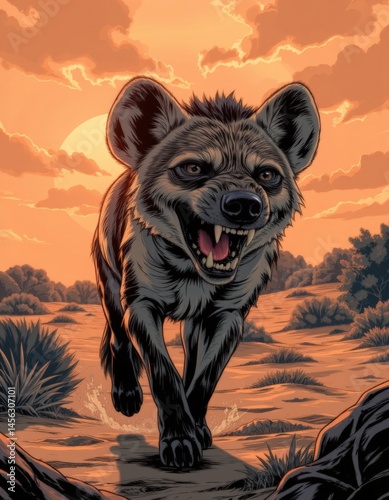 Obraz na płótnie Sneaky Hyena Laughs at Sunset in Desert Landscape w salonie