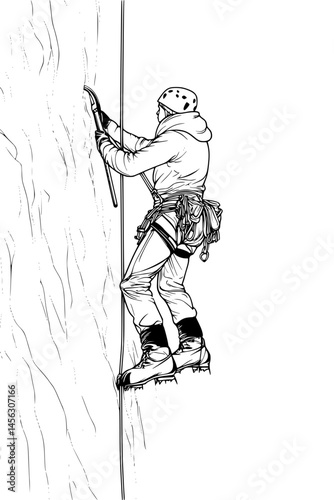 Person Ascending Ice Formation With Tools, coloring book design, vector illustration