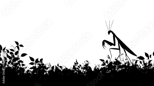 Praying Mantis Hunting Among Leaves, vector illustration