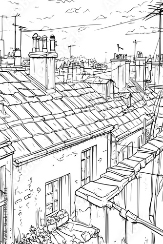 Rooftops With Clotheslines And Chimneys, coloring book design, vector illustration