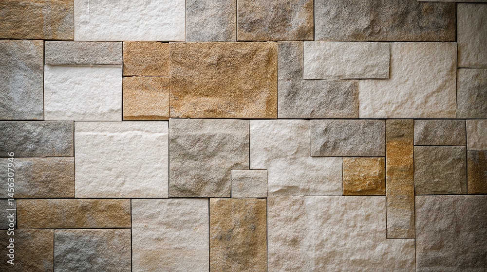 Fototapeta premium Stone wall texture with varying sizes and colors of rectangular blocks.
