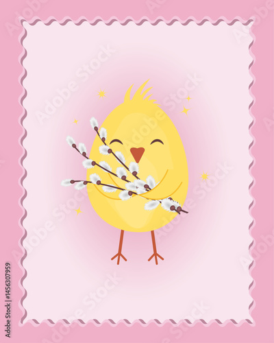 Yellow chick with willow branches in a pink frame on a pink background. Vector illustration. Bright vertical Easter background. Greeting card invitation. Rectangular banner.