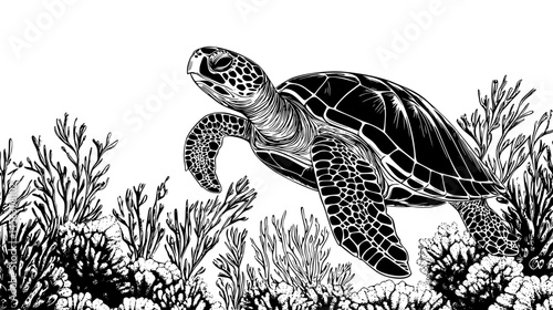 Sea Turtle Swimming Near Coral Reef, vector illustration