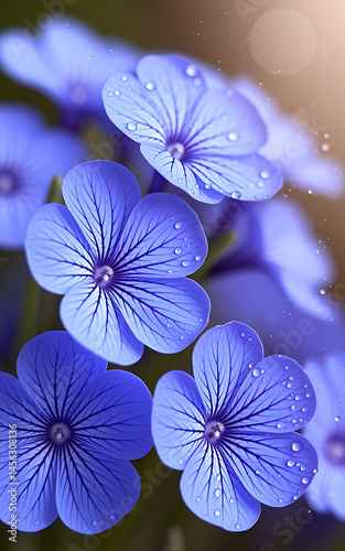 Close-up of vibrant blue flowers with water droplets. Delicate petals. Beautiful floral detail.