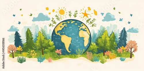 Earth's minimalist approach is surrounded by trees and leaves highlighting environmental conservation and sustainability