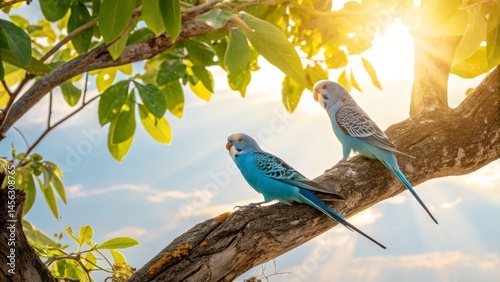 Two Budgies on Branch at Su...