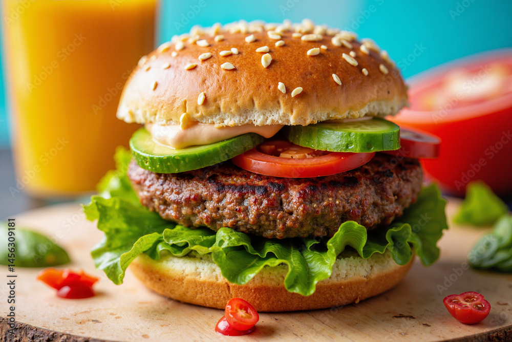 Hamburger with lettuce, tomato, cucumber and sauce resting on wooden cutting board, with a glass of orange juice and tomato in the background Hamburger with lettuce, tomato, cucumber and sauce resting on wooden cutting board, with a glass of orange juice and tomato in the background
