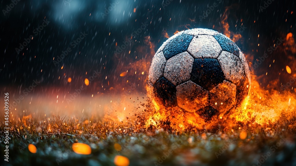 Fototapeta premium Fiery soccer ball in rain. Burning ball on a field during a storm