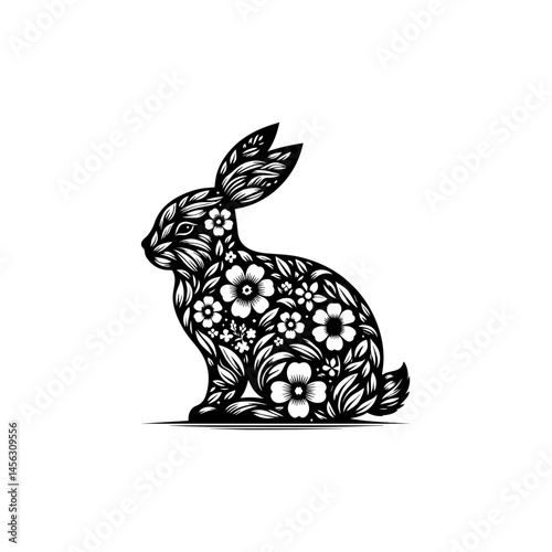 Stylized Easter bunny decorated with botanical floral motifs in black and white line art for decorative spring concept  