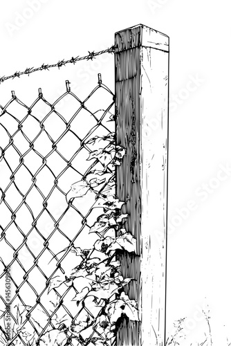 Tagged Wall Behind Wired Fence, coloring book design, vector illustration