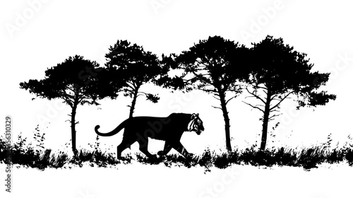 Tiger Walking Near Tall Trees, vector illustration