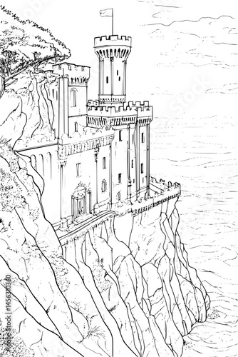 Towering Castle On Jagged Cliffside, coloring book design, vector illustration
