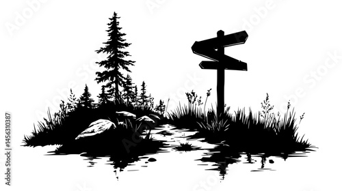 Trail Marker Post At Forest Intersection, vector illustration