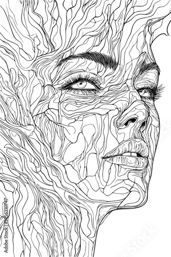 Twisted Face In Broken Mirror, coloring book design, vector illustration