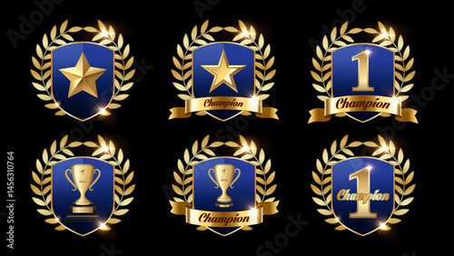 Champion Award Badge Set with Golden Laurel Wreaths and Blue Shields – 1st Place Trophy, Star, and Number One Icons