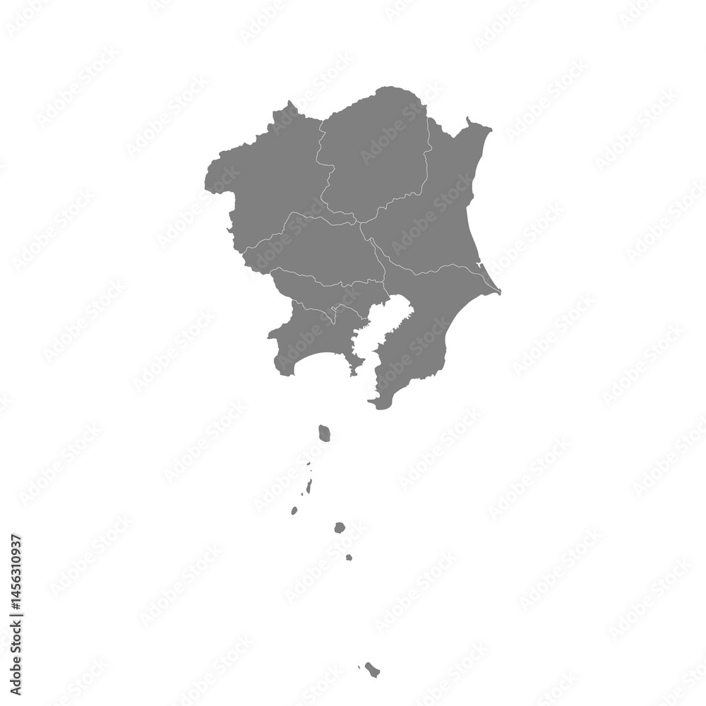 High Quality map of Kanto is a region of Japan, with borders of the prefectures