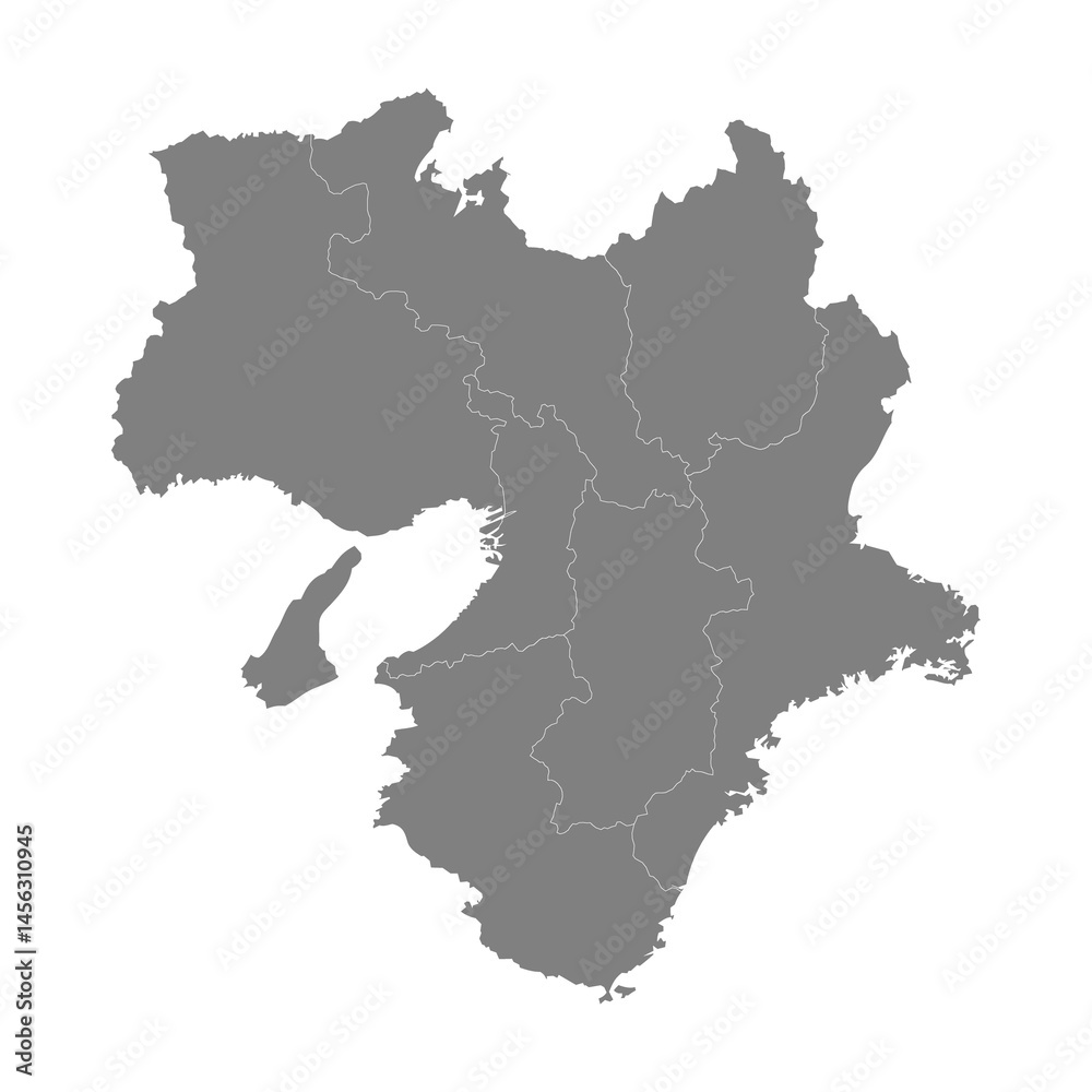 High Quality map of Kansai is a region of Japan, with borders of the prefectures