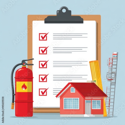 Inspection Checklist with Fire Extinguisher, House Model, Ladder, and Tools for Home Safety and Fire Prevention Awareness