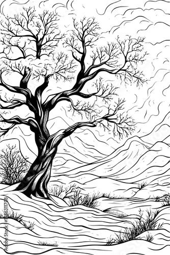 Wind Brushing Over Icy Tops, coloring book design, vector illustration