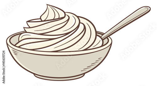 Realistic Bowl of Whipped Cream or Sour Cream with Spoon – Vector Food Illustration