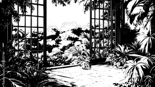 Window Seat Overlooking Garden Scene, vector illustration
