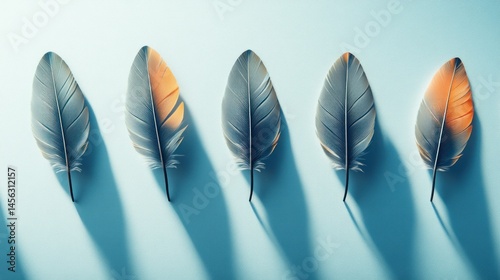Five feathers, light teal background,  one with orange-yellow tip
