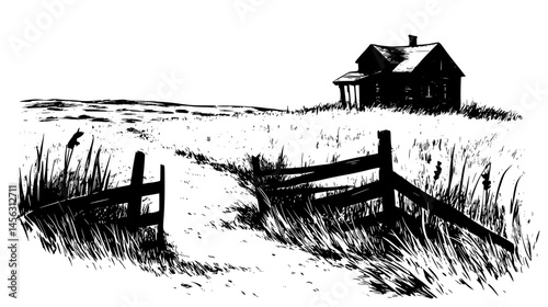 Abandoned House With Crooked Fence, vector graphic