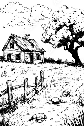 Abandoned House With Crooked Fence, coloring book style, vector graphic
