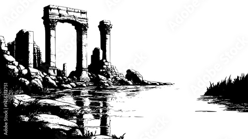 Ancient Ruins With Floating Runes, vector graphic
