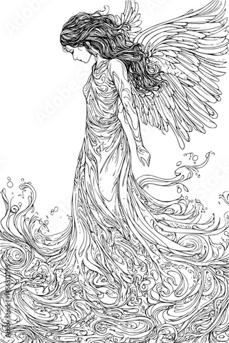 Angel Walking Across Shallow Water, coloring book style, vector graphic