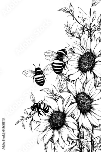 Bees Gathering Pollen From Flowers, coloring book style, vector graphic