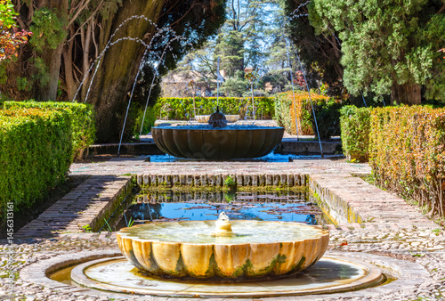Fountains in Generalife gardens at Alhambra, Granada, Spain