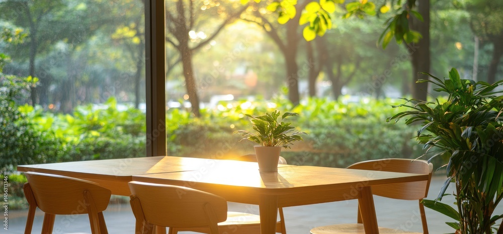 Obraz premium Bright interior scene with a wooden table and chair with natural view