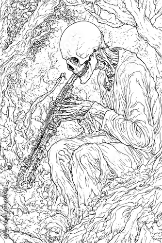 Bony Figure Playing Forgotten Instrument, coloring book style, vector graphic