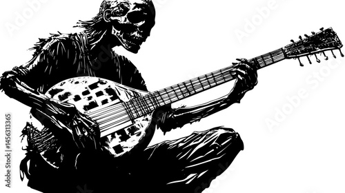 Bony Figure Playing Forgotten Instrument, vector graphic