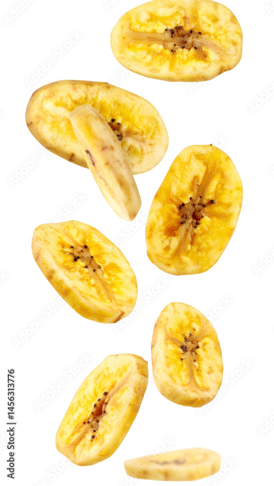 Dried banana chips falling on transparent background Dried banana chips falling on transparent background