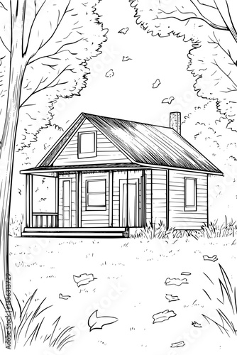 Cabin Standing In Calm Woods, coloring book style, vector graphic