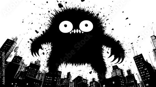 Cartoon Monster Climbing Buildings, vector graphic