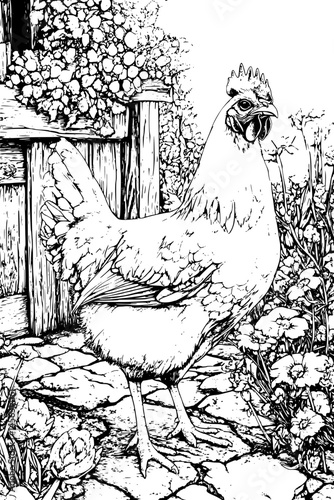 Chickens Walking Through Back Yard, coloring book style, vector graphic