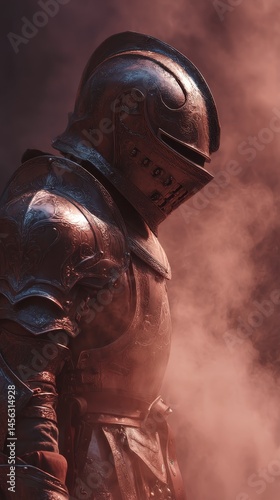 Medieval knight in ornate armor standing in smoke-filled battlefield scene.